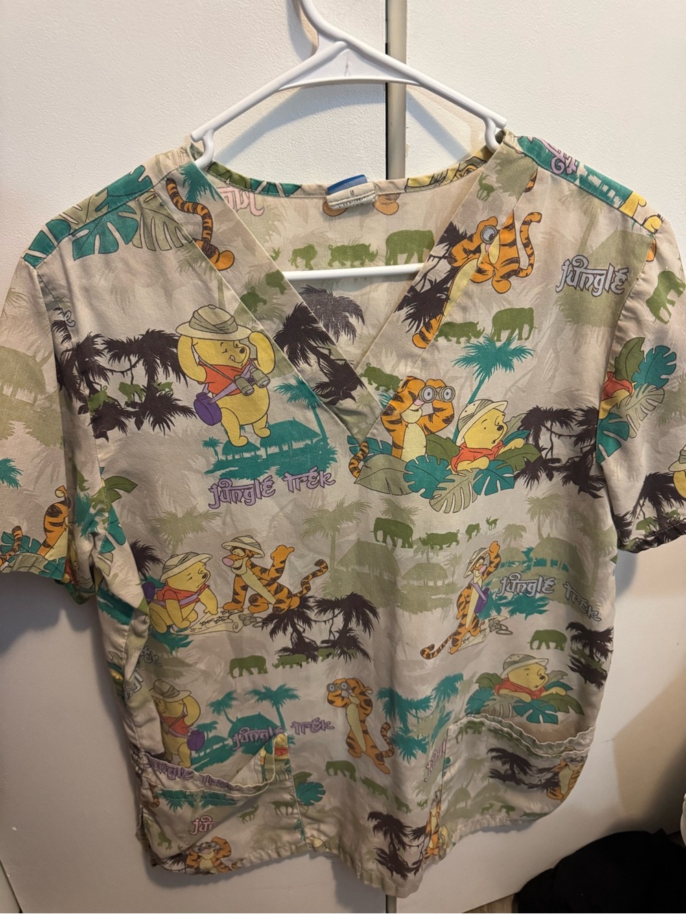 Disney Beige Jungle Print Kids Scrub Top with Green & Teal Accents